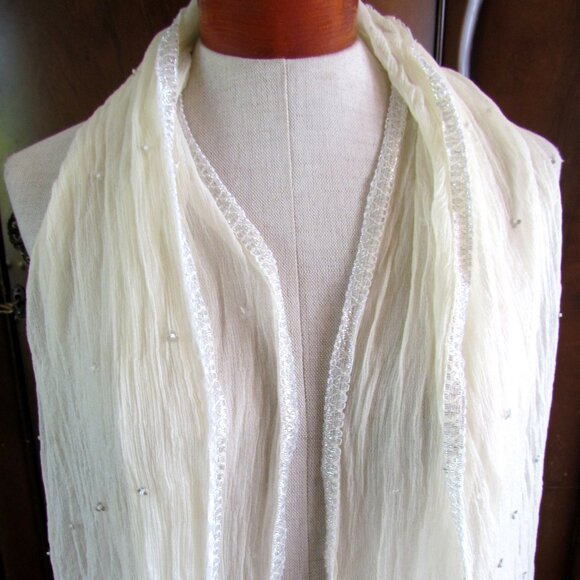 SHEER SCARF w GLITTER EDGES, 68" x 23" LONG RECTANGLE OFF-WHITE VINTAGE - Picture 6 of 6